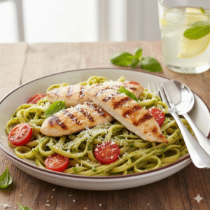 پاستا پستو با مرغ گریل شده