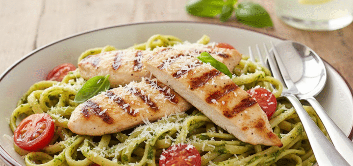 پاستا پستو با مرغ گریل شده